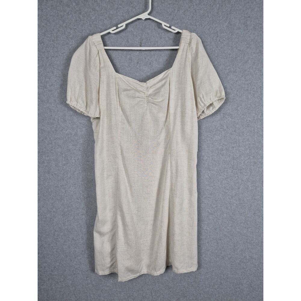 Japna Women’s Linen Blend Puff Sleeve Tie Front Mini Dress XL Beige NWT